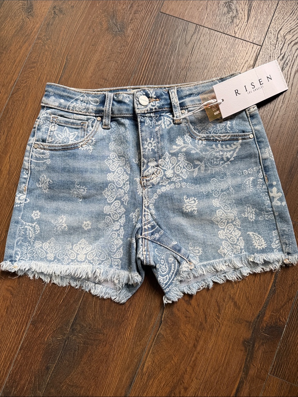 Risen Light Blue Paisley Cutoff Denim Shorts